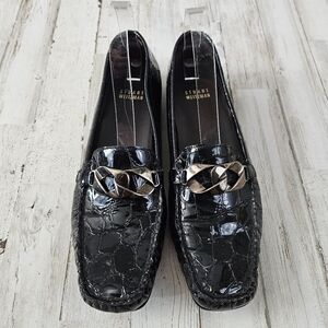 Stuart Weitzman Glossy Black Croc Print Buckle Loafer Shoes